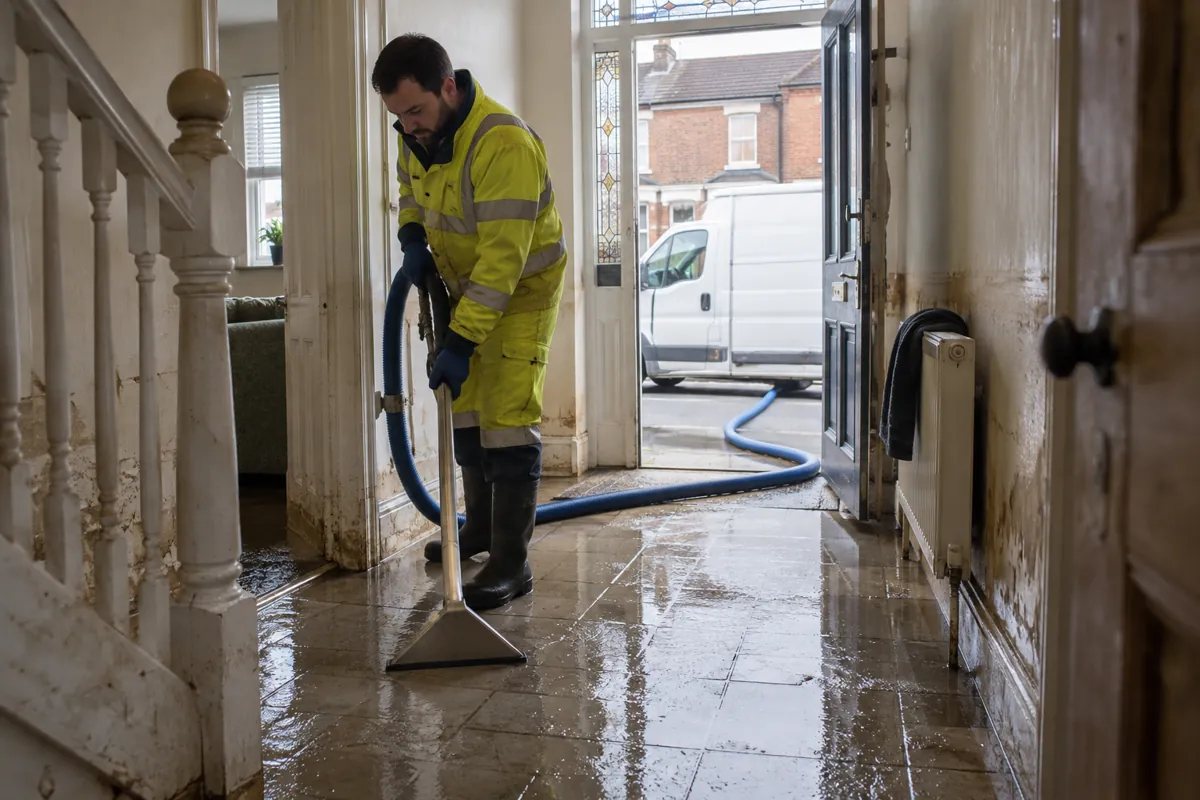 Flood restoration technician extracting water inside a damaged home, with a service van outside